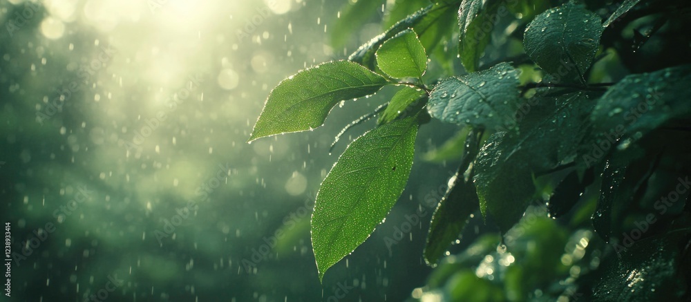 Poster close-up of green leaves with raindrops illuminated by soft sunlight in a lush forest environment wi