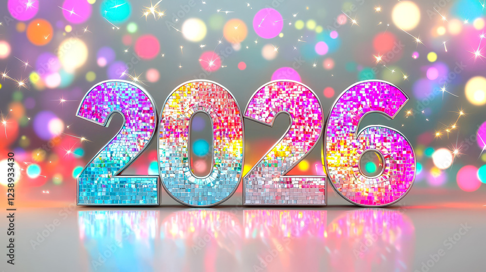 Poster Glittering numbers representing 2026 stand out against a vibrant backdrop of bokeh lights, creating a festive atmosphere for celebrations