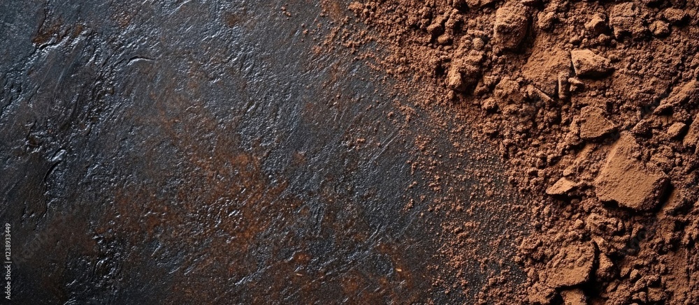 Poster brown cocoa powder on a dark textured background with space for text placement. copy space.