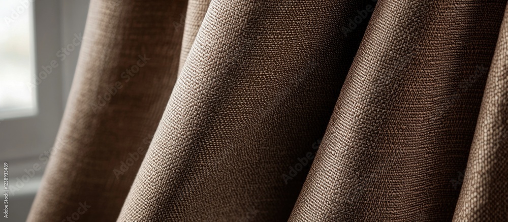 Poster textured fabric of brown curtains draped elegantly in soft natural light with window in the backgrou