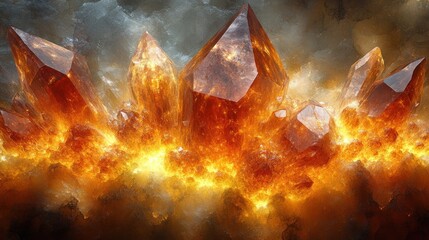 Fototapeta premium Fiery orange crystals erupting from smoke and fire.