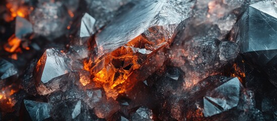 Close-up view of multicolored mineral crystals with orange and black hues and reflections within a dark background Copy Space