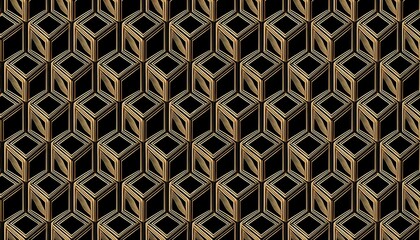 golden geometric art deco pattern with 3d cube illusion on black background, luxury seamless texture for wallpaper and design

