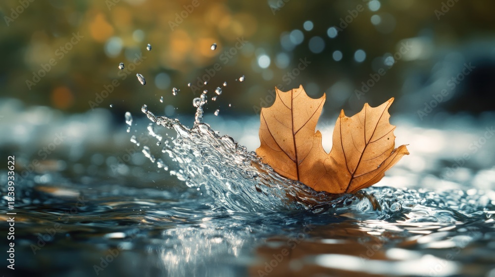 Poster A single autumn leaf splashing in a water surface creating ripples and droplets with blurred background and natural bokeh copy space