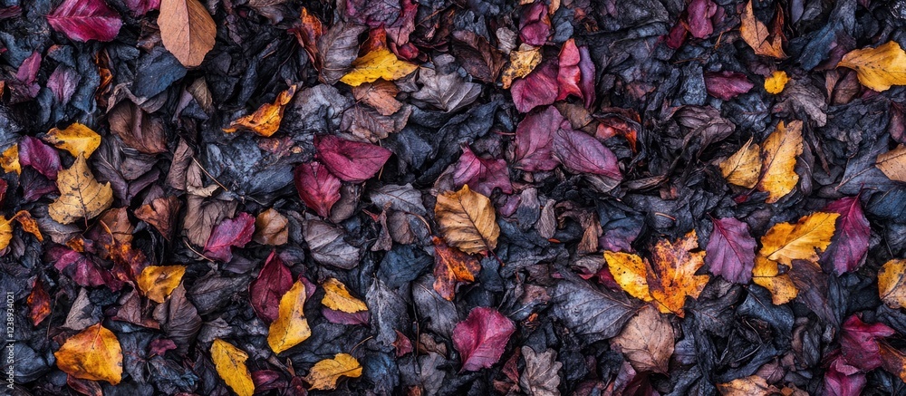 Poster colorful autumn leaves scattered on a dark surface creating a textured background with vibrant hues 