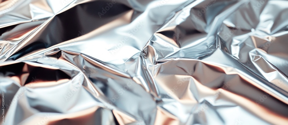 Poster wrinkled and crumpled silver metallic foil background with reflections and texture suitable for desi