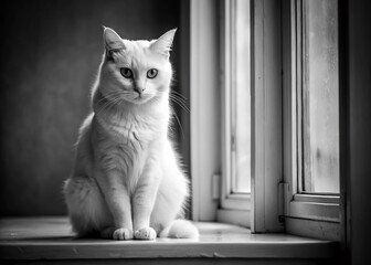 Grumpy White Cat Perched on Windowsill - Black and White Stock Photo