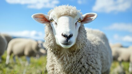 Obraz premium Close-up of a sheep with fluffy wool and curious expression on its face in a green pasture with blurred sheep in the background Copy Space