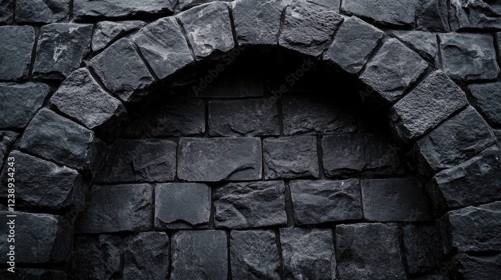 Poster black stone wall with arch structure showing textured surface and dark tones ideal for backgrounds o