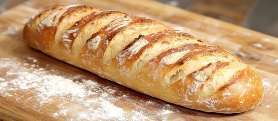 Freshly Baked Bread Loaf on Wooden Cutting Board with Flour Dust