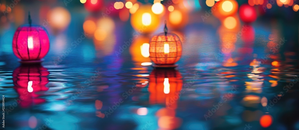 Poster colorful floating lanterns illuminated at night on a tranquil water surface with reflections and bok