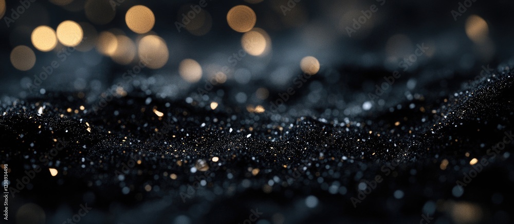 Poster close-up of textured black surface with golden and silver glitter particles and bokeh background cop