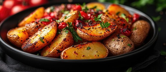 Roasted golden potatoes with herbs and cherry tomatoes served in a black bowl on a dark background Copy Space