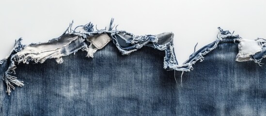 Frayed edge of torn denim fabric on a white background with copy space for text placement