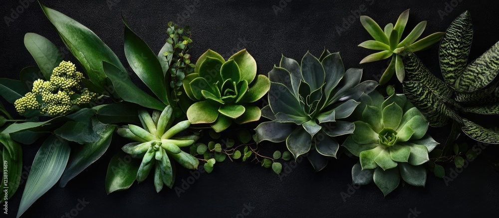 Poster succulent plants and foliage arrangement on dark background with copy space for text or design eleme