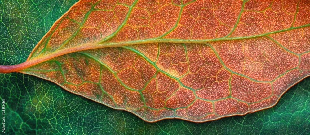 Poster close-up of a colorful leaf detail showing intricate veins and textures on a green background with n