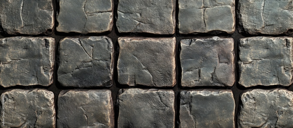 Poster textured dark stone pavement tiles arranged in a grid pattern with visible imperfections and shadows