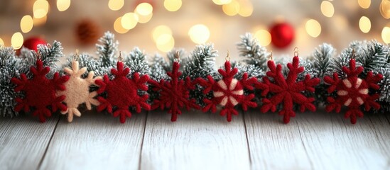 Christmas decorations with felt snowflakes and fir branches on wooden surface with blurred warm lights in the background Copy Space