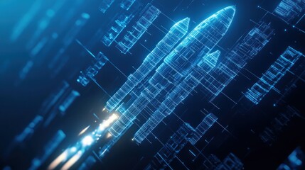 Obraz premium Futuristic digital rocket launching, glowing blue lines on dark background.