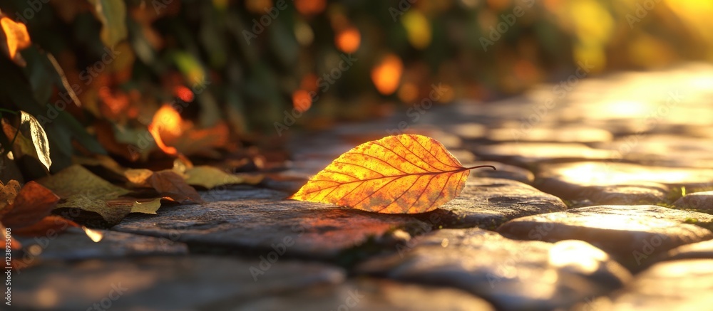 Poster autumn leaf on cobblestone path illuminated by warm sunlight with blurred background and copy space 