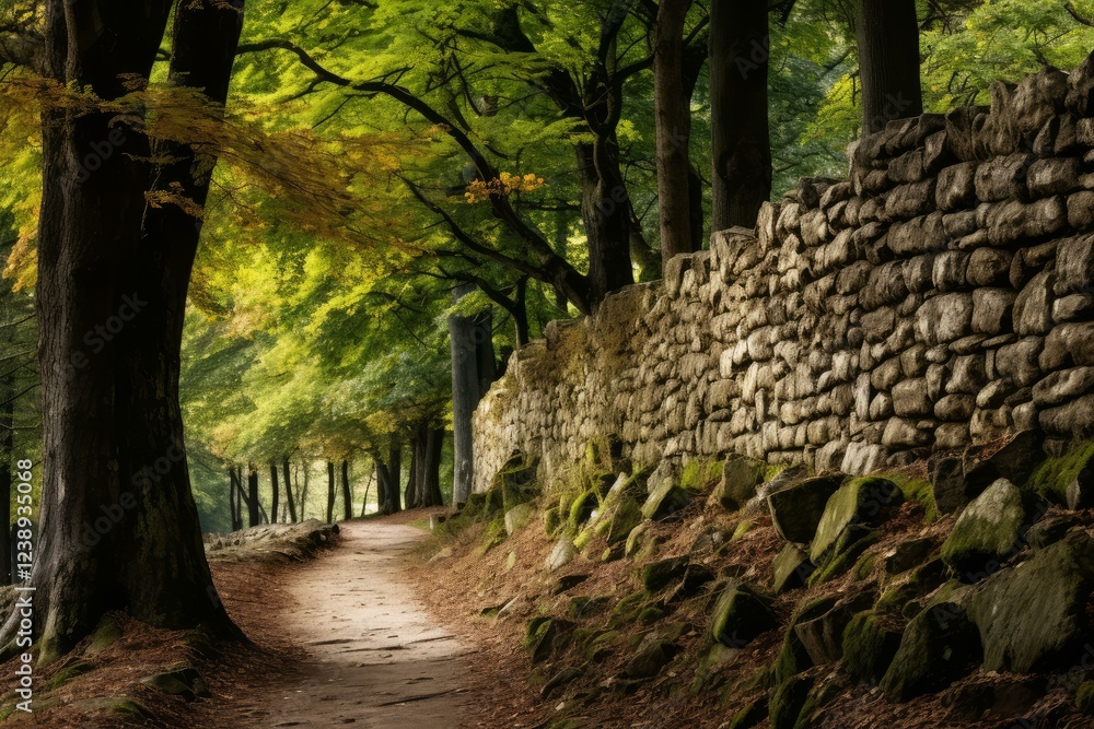Fototapete sunlit path winds through a tranquil forest, bordered by an old stone wall, creating a serene and in