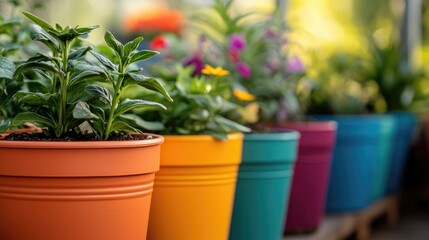 Colorful flower pots with various blooming plants arranged in a greenhouse setting with soft natural light and depth of field Copy Space