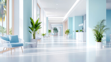 Serene Light Blue Corridor with Tropical Plants