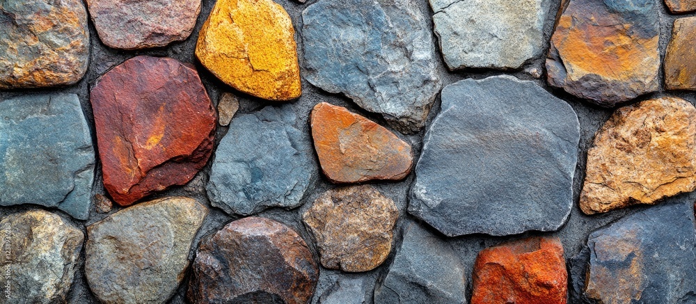Poster colorful textured stone wall with various shapes and sizes of rocks arranged in a natural pattern co