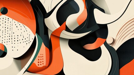 Abstract art with orange, black, and beige shapes in a fluid, dynamic composition.