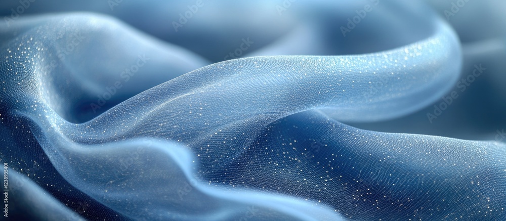 Poster blue sheer fabric texture with shimmering elements in soft folds and waves. copy space