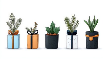 Colorful Gift Boxes with Seasonal Greenery for Holiday and Celebration Themes