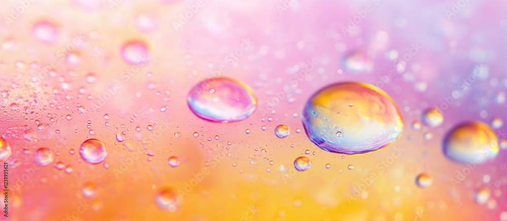 Poster colorful abstract background with water droplets on a smooth surface displaying vivid hues and bokeh