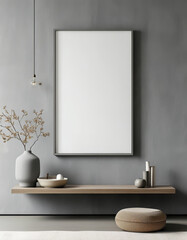 Blank picture frame mock up, Elegant grey frame empty white canvas hanging on the wall, minimal mockup frame on grey wall, modern interior, wall art presentation template, Picture frame