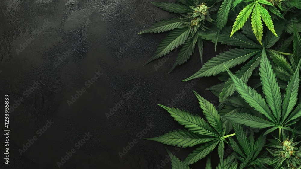 Poster cannabis leaves arranged on a dark textured background with ample copy space for text placement