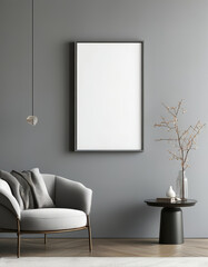 Blank picture frame mock up, Elegant grey frame empty white canvas hanging on the wall, minimal mockup frame on grey wall, modern interior, wall art presentation template, Picture frame