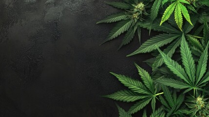 Cannabis leaves arranged on a dark textured background with ample copy space for text placement