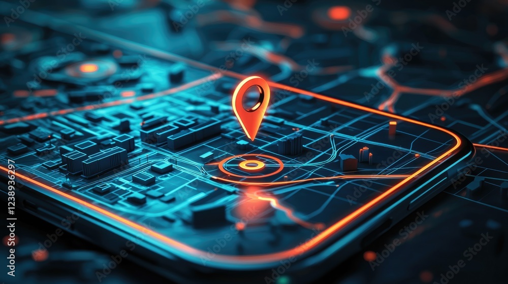 Poster digital city map on a smartphone screen shows a location pin, illustrating modern navigation technol