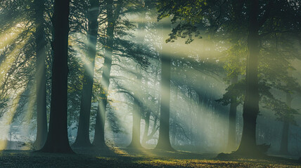 Beams of Sunlight Piercing Through Tall Leafy Trees in Misty Woodland, Soft Mist Enhancing Serenity and Peace, Tranquil Forest Scene with Ethereal Light Creating a Mesmerizing and Dreamlike Atmosphere