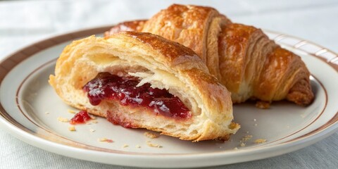 Jam-filled croissant pastry on a plate, breakfast pastry, pastry slice, French patisserie, jam filled pastry, flaky croissant