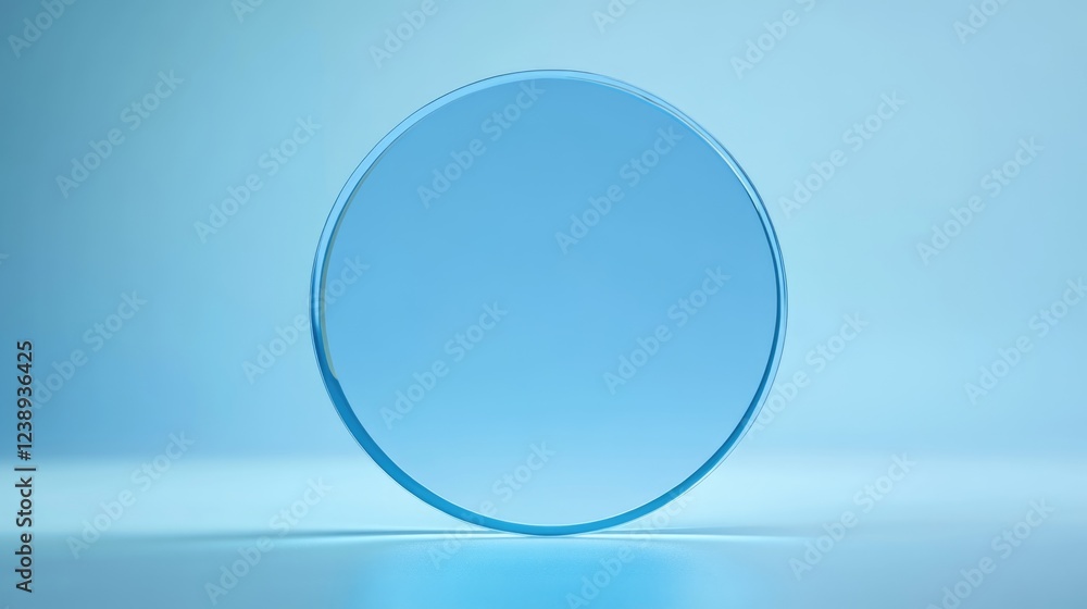 Poster transparent blue lens on a light blue background with soft focus and smooth surfaces creating a mini