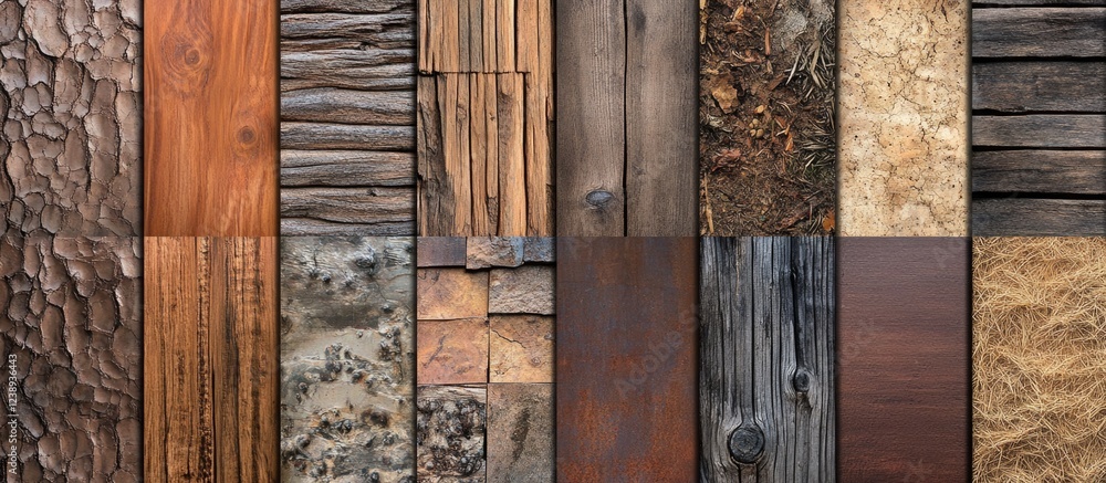 Poster variety of wood textures and patterns in a grid layout including bark, planks, and grain with copy s