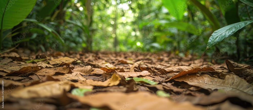 Poster forest pathway with fallen leaves in a lush green jungle setting illuminated by natural light and so