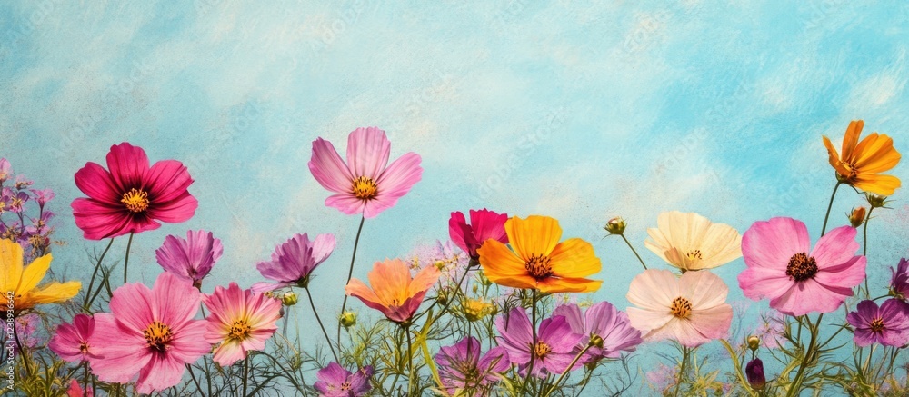 Poster colorful wildflowers in bloom against a soft blue textured background with copy space for text inser