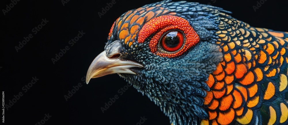 Poster colorful close-up portrait of a bird with intricate feather patterns and vibrant colors against a bl