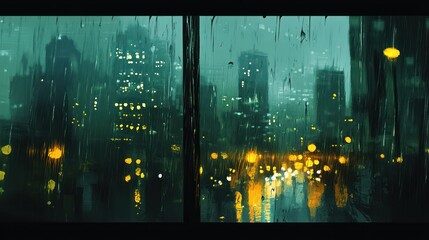 Rainy night cityscape viewed from a window, showing rain streaks and city lights.