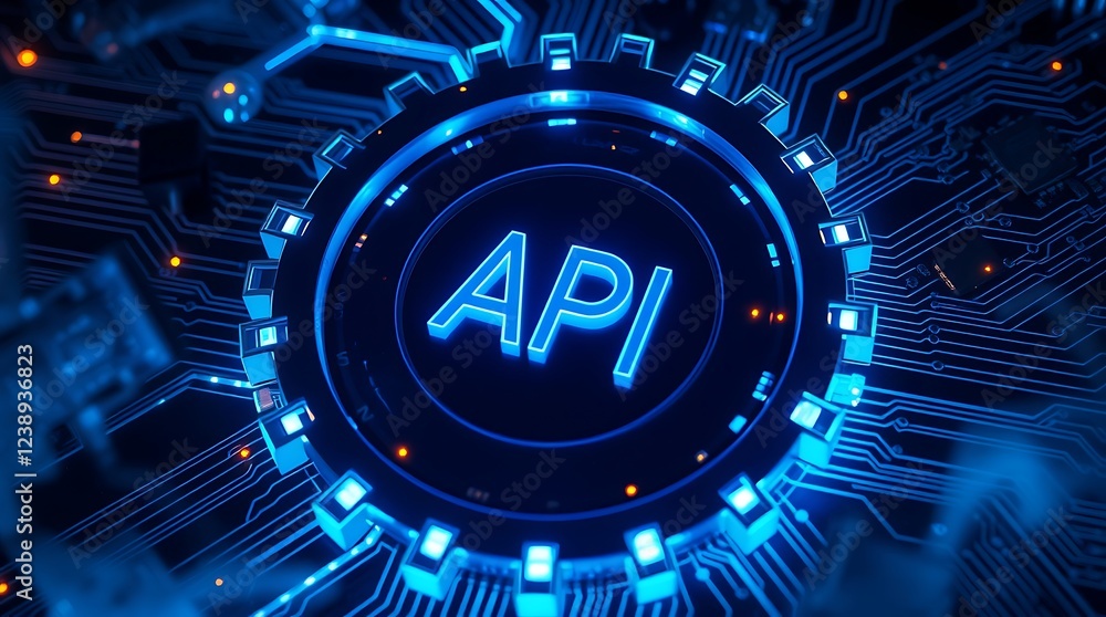 Poster api symbol embedded within a futuristic, glowing blue gear, connected to a complex circuit board