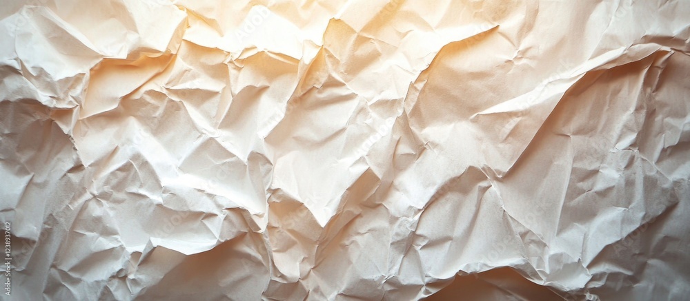 Poster crinkled and textured light beige paper background with warm light reflection and ample copy space f