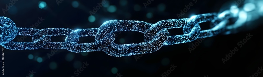 Poster close-up view of a glowing digital chain link symbolizing connectivity and technology in a dark back