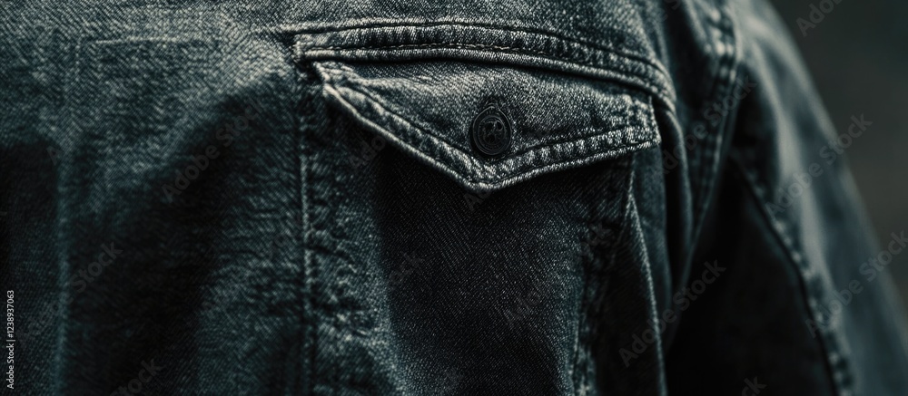 Poster close-up of textured black denim jacket showing pocket detail and button with shallow depth of field