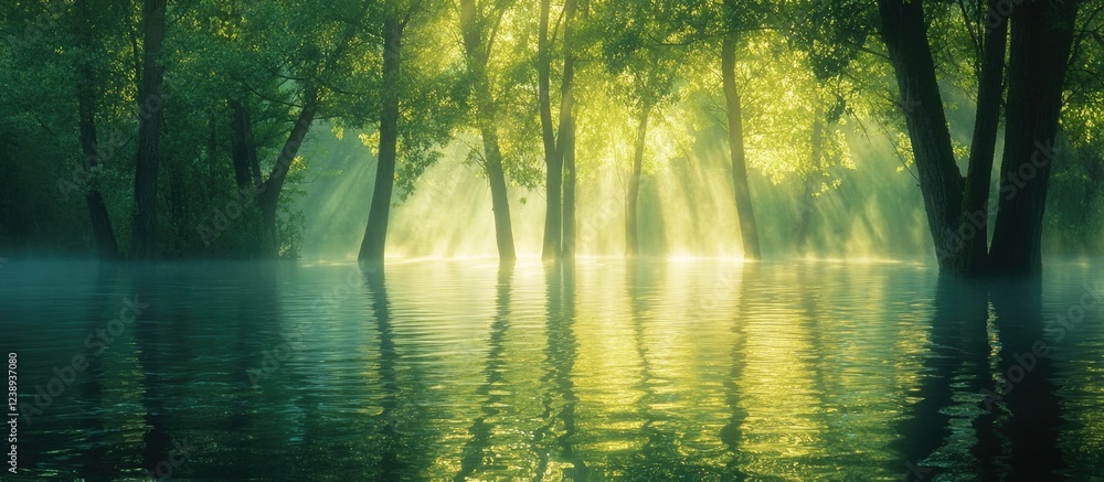 Poster sunlight filtering through trees over calm water in a misty forest landscape with reflections on the